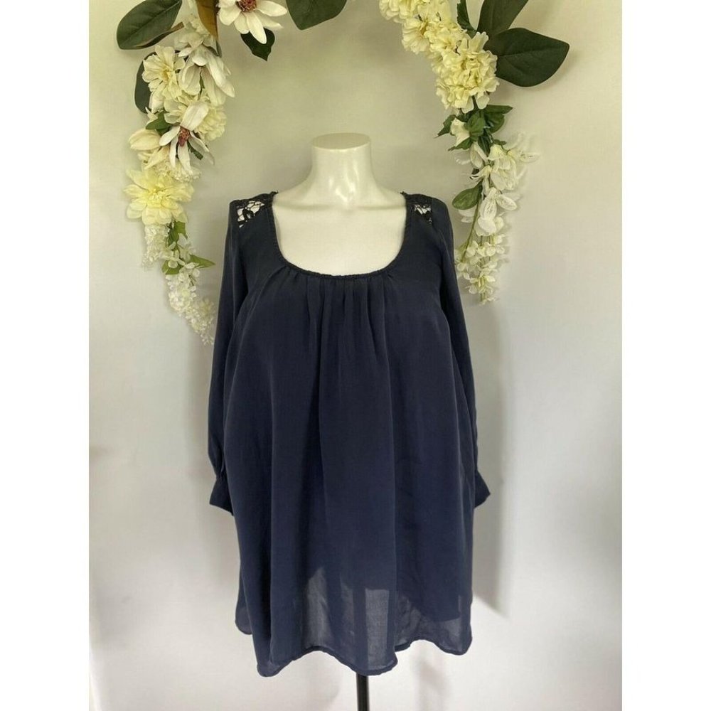 Vintage TJ Collection Navy‎ Blue Silk Tunic Crochet